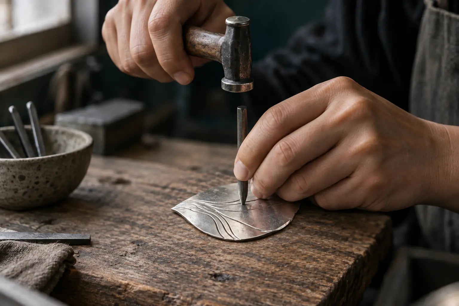 Craft illustration: hands holding a hammer and chasing tool above a silver sheet on a wooden work surface