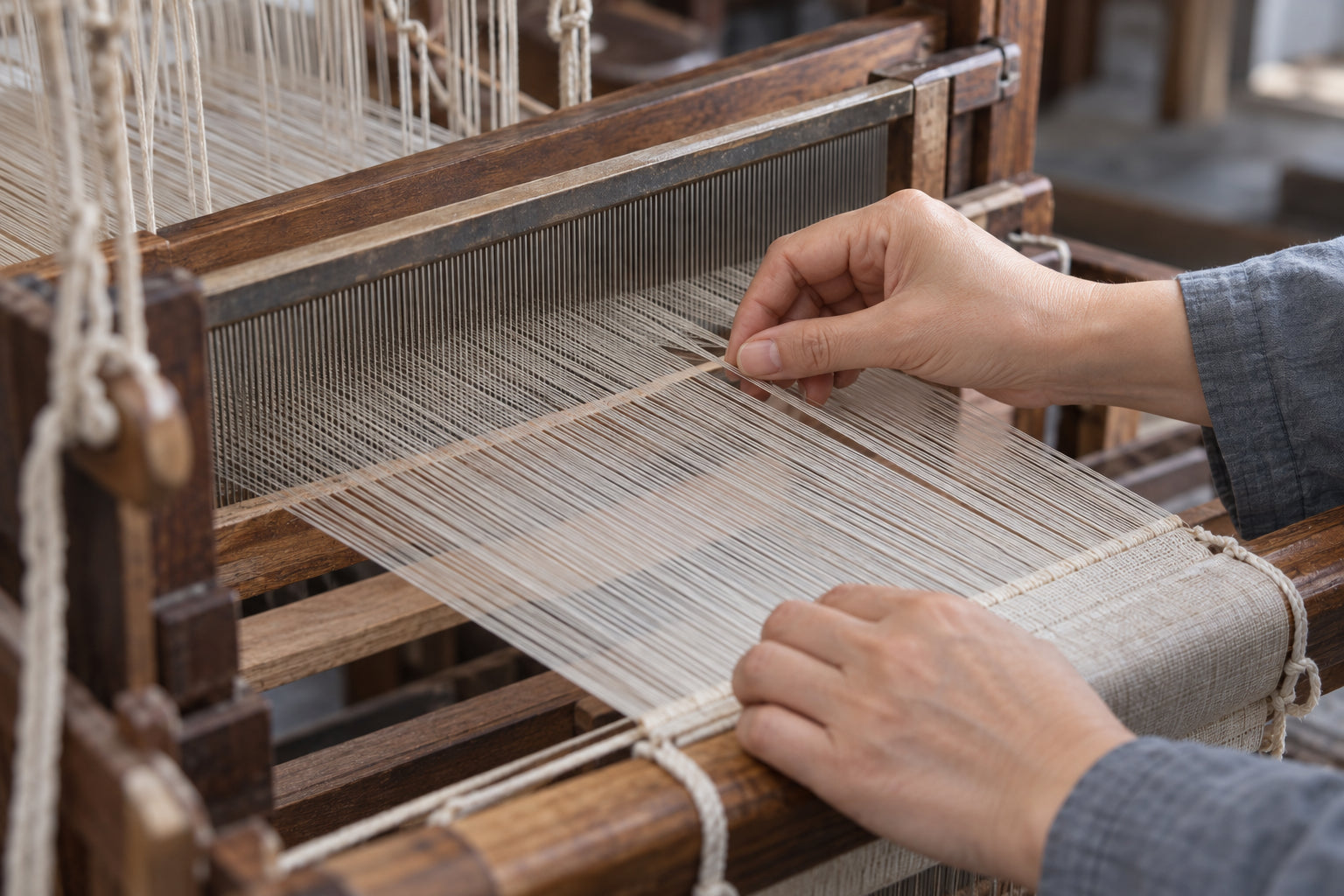 Craft illustration: hands checking the alignment and tension of warp threads on a stopped wooden loom