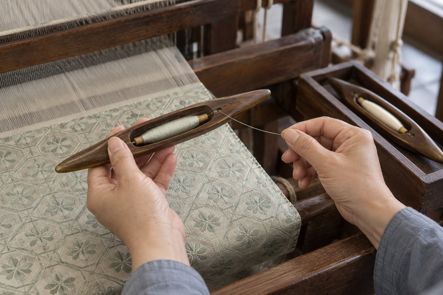 Craft illustration: one hand holds a wooden shuttle while the other draws a fine weft thread from its side opening, with a spare shuttle resting nearby