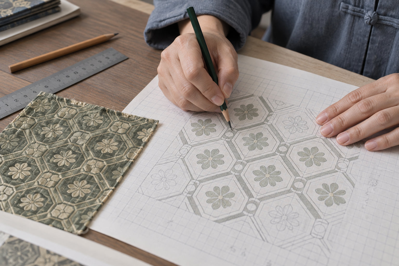 Craft illustration: hands checking a repeating floral pattern on gridded paper beside a woven sample