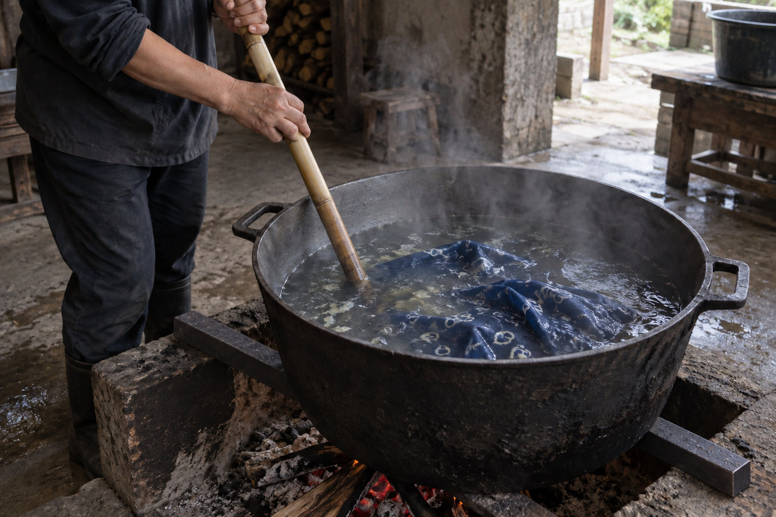 Illustration of indigo cotton being boiled in an iron pot supported by iron bars over a hearth